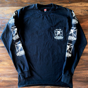 Black long sleeve pocket-T with classic Skull and Maltese Cross 